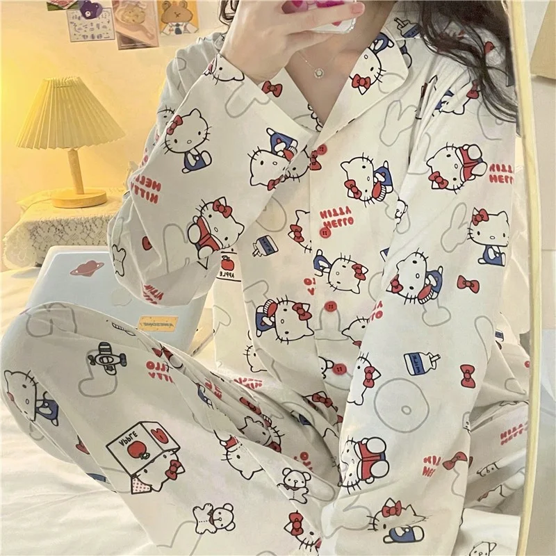 

Cartoon Kawaii Sanrio Hello Kitty Pajama Set for Women Y2K Sweet Girls Home Furnishing Pants Long Sleeve Set Birthday Gift