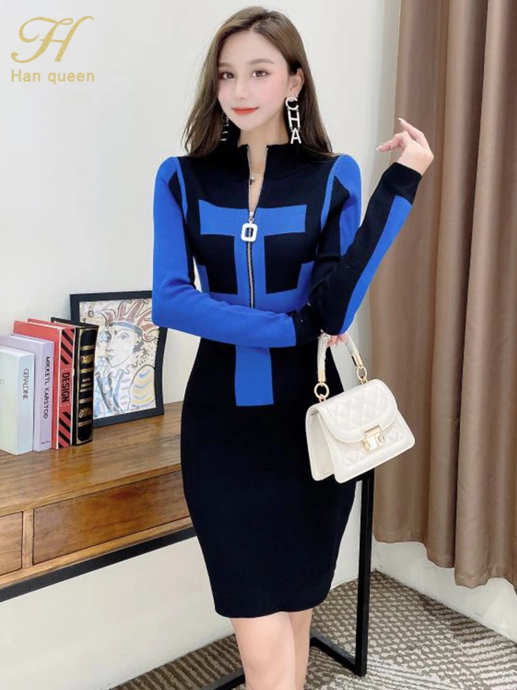 H Han Queen Winter Zipper Pattern Pullover Sweater Pencil Dress