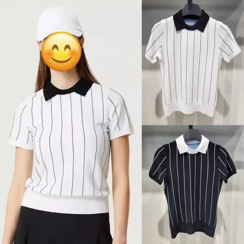 

Korean Women Summer Color Matching Lapel Vertical Striped Short-sleeved Sweater Joker Temperament Age-reducing Top