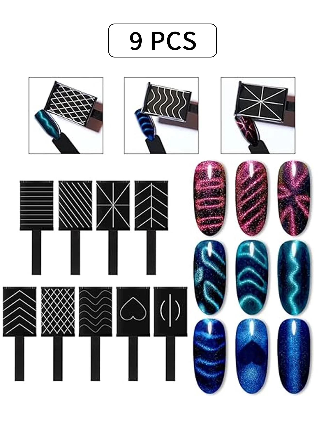 

9pcs Magnetic Manicure Tools Powerful Square Magnet Cat Eye Nail Polish Gel Love Wave Pattern Nail Shop Special Set Nail Tools