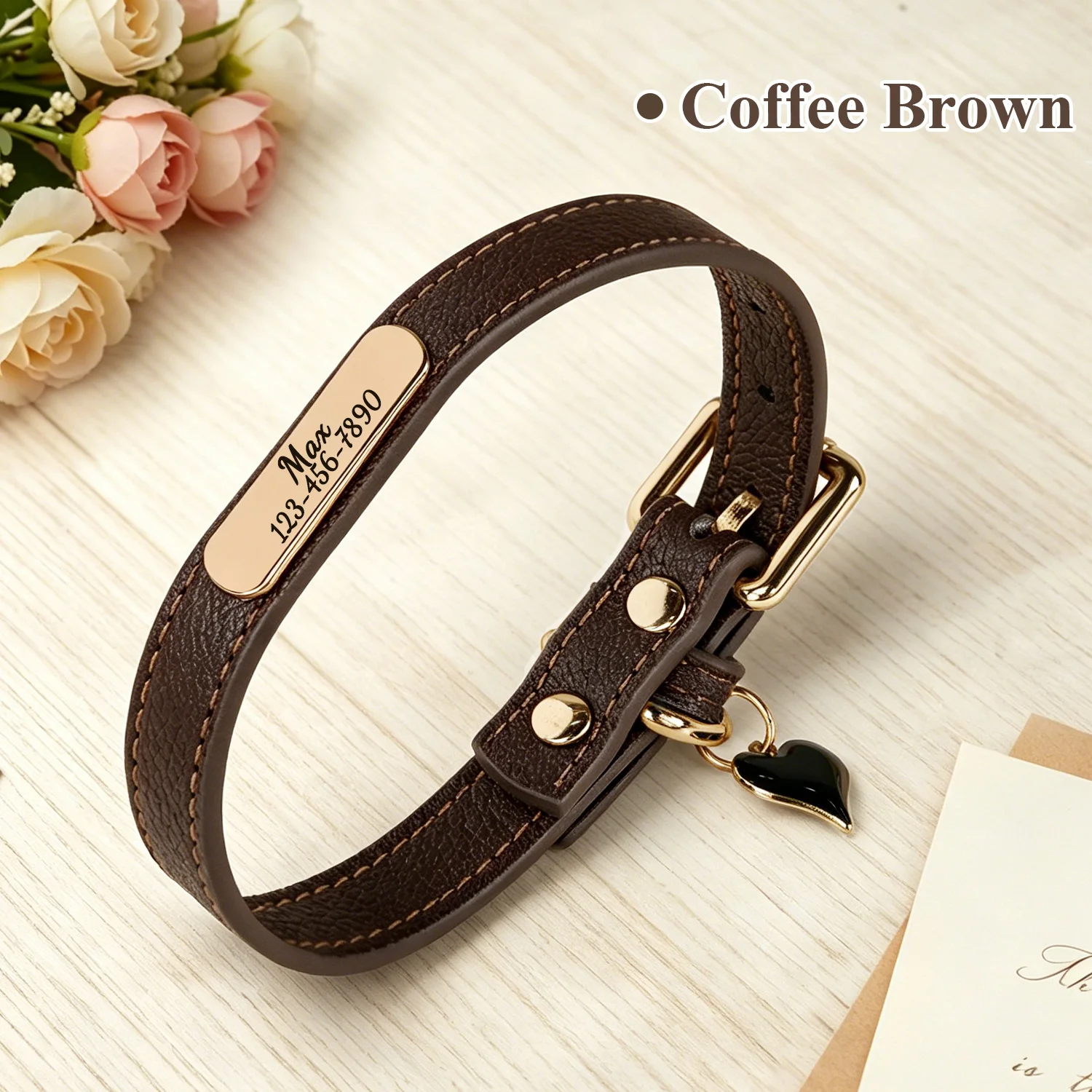Luxury & Soft Leather Personalized Dog Collar and Pendant Pet Puppy Cat ID Nameplate Engraved for Small Medium Dogs