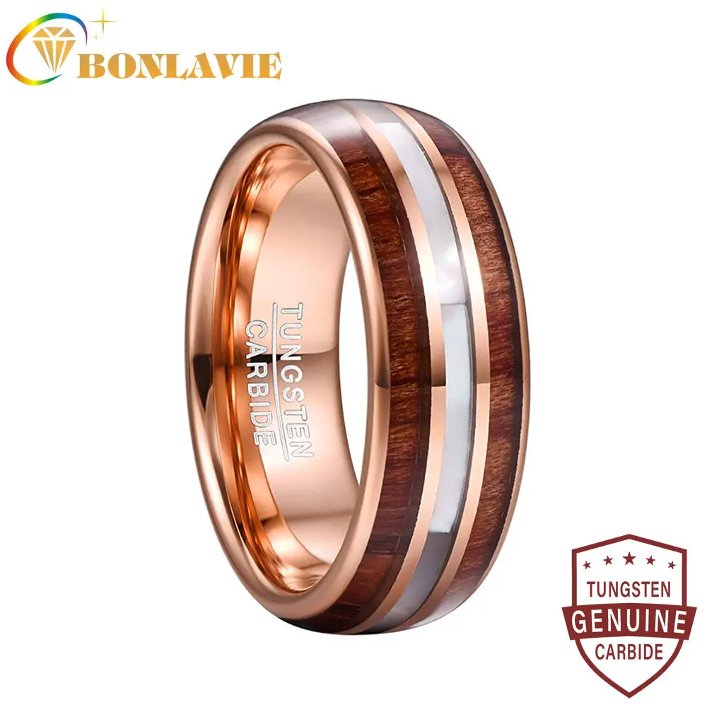 Bonlavie 8mm Tungsten Carbide Ring Hawaiian Koa Wood Tungsten Steel