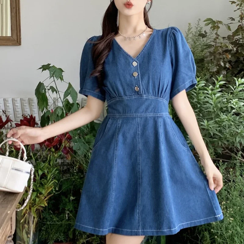 

Summer Temperament Women Denim Dress Fashion V Neck Short Sleeve Skinny A-line Blue Dress Trendy Leisure Female Short Dress