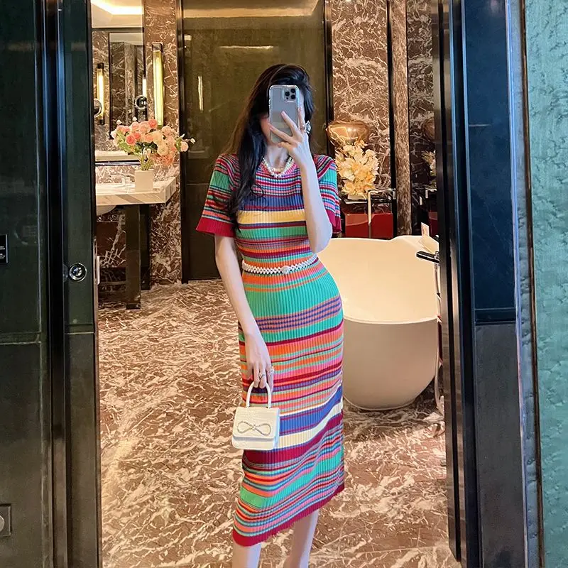 

Spring Autumn New Fashion Multicolor Striped Women's Clothing Slim Round Neck Long Sleeve Knitting Korean Temperament Dresses