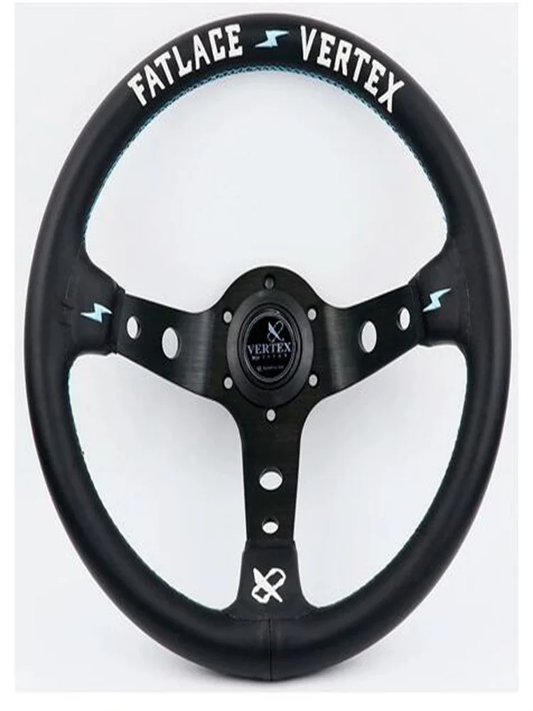 

13inch Vertex White Embroidery Black Genuine Leather Drift Sport Steering Wheel With Blue Stitching