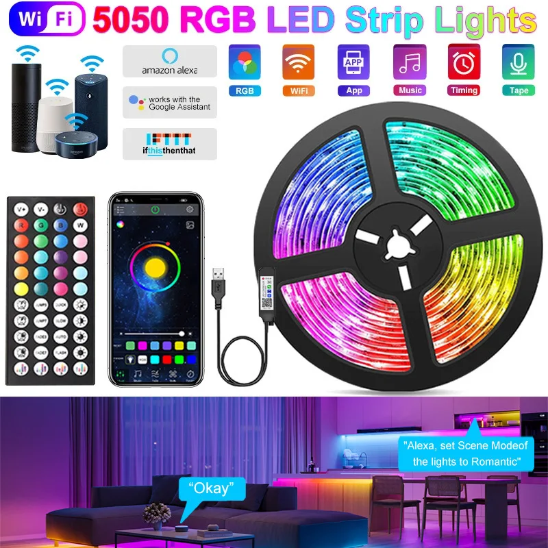 

Умная Светодиодная лента, 1-10 м, 5 В, 5050 RGB, Wi-Fi, Светодиодная лента с USB, лента для синхронизации музыки, украшение комнаты, Светодиодная лента, гибкая Диодная лента