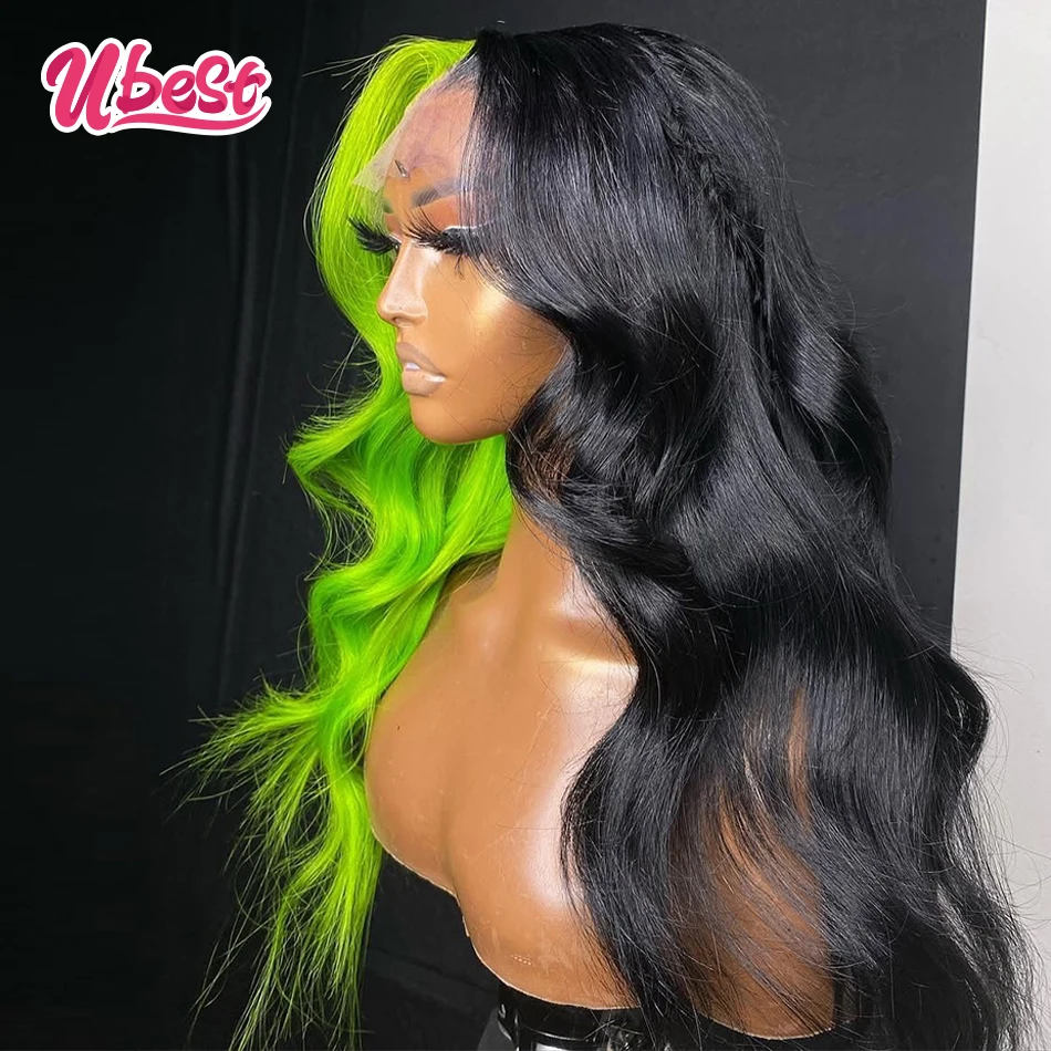 1B And Green Colored Cosplay Body Wave 13x6 13X4 Lace Front Wigs Brazilian 100％ Human Hair Transparent Pre Plucked For Women