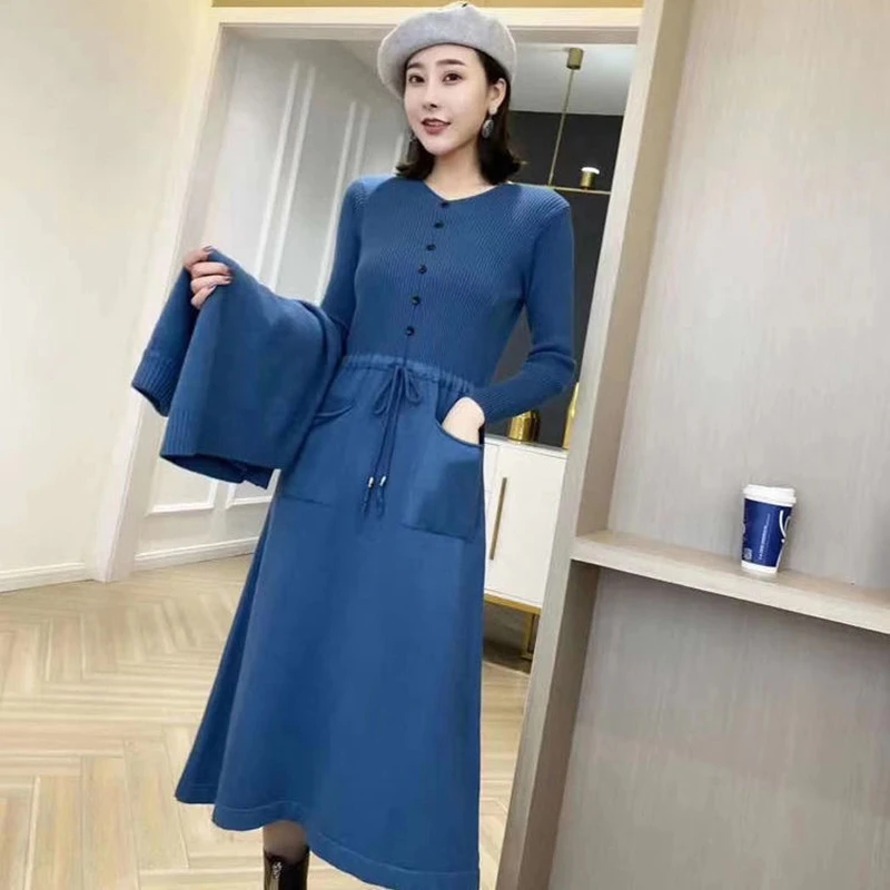 Office Lady Elegant Knitted Two Peice Suit 2023 Korean Fashion Women Short Sleeve Pullover Vest +Lace Up Waist Sweater Dress Set