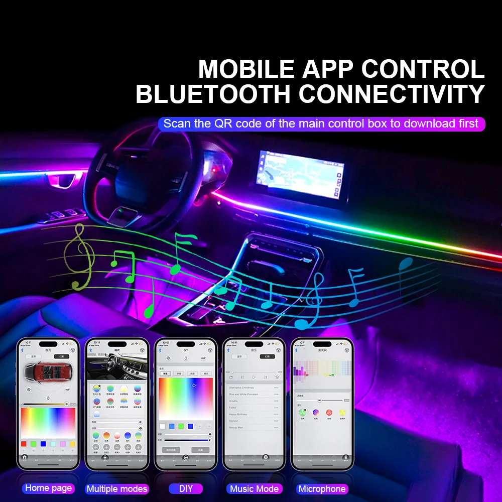 18 in 1 Symphony Car Ambient Light Dynamic Streamer Mode Zone App Control  Car Footlight Ambient Light LED Acrylic Light Guide - AliExpress