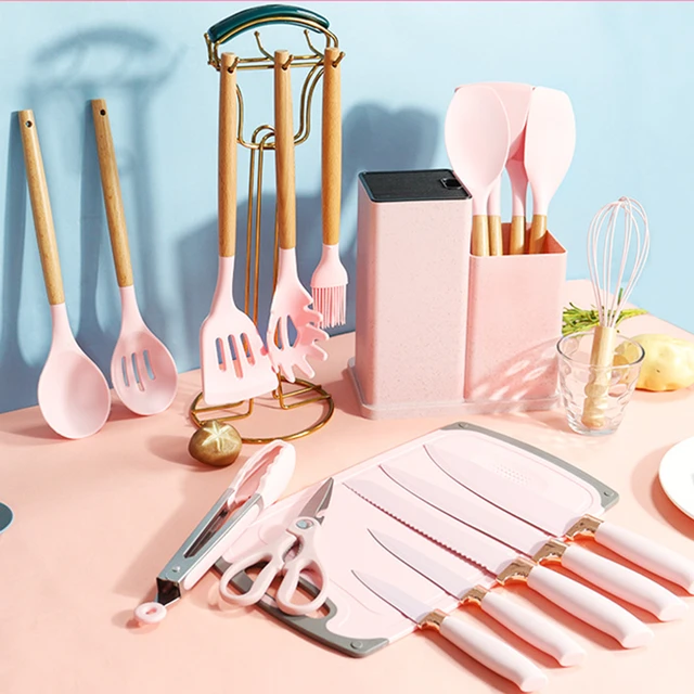 19 Pieces Kitchen Utensils and Knife Set with Block, with 9 Piece Silicone  Cooking Utensils Set 5 Piece Sharp Stainless Steel Chef Knives Scissors