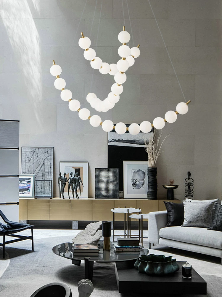 Post-modern Art Designer Creative White Beads Necklace Chandelier Hotel Lobby Restaurant Pendent Ceiling Lamp Brass