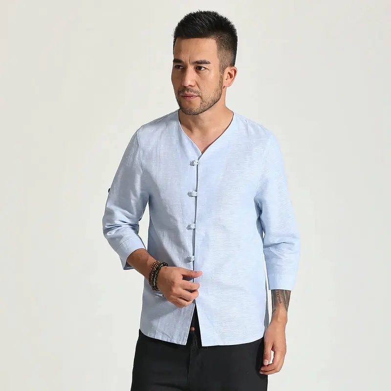 Men Linen Shirt Beige Blue Gray V-Neck Single Breated Tops Zen Meditation Look Clothes Male Leisure Daily Top 2024 Spring Summer