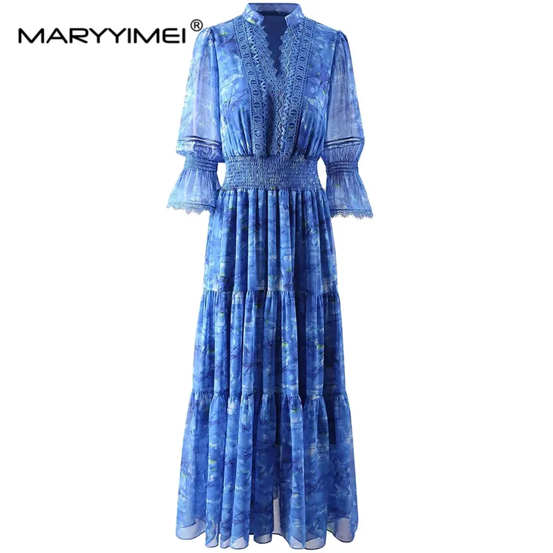 

MARYYIMEI New Fashion Runway Designer Women's V-Neck Flared Long-Sleeved Stretch Waist Printed Patchwork Lace Vintage Dress