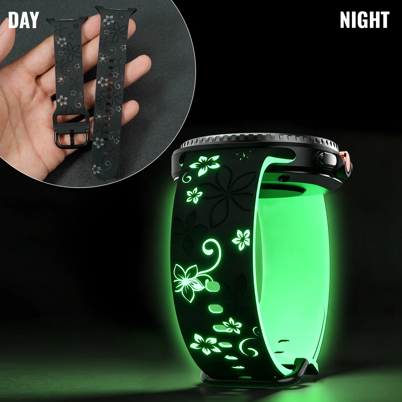 Two-Tone Engraved Print Luminous Silicone Smartwatch Wristband