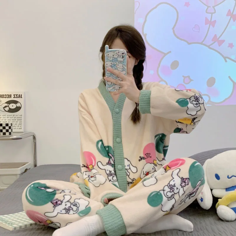 

Kawaii Cute Sanrio Cinnamoroll Pajamas Flannel Thickening Warm Soft Skin Friendly Loose and Comfortable Winter Gift For Girls