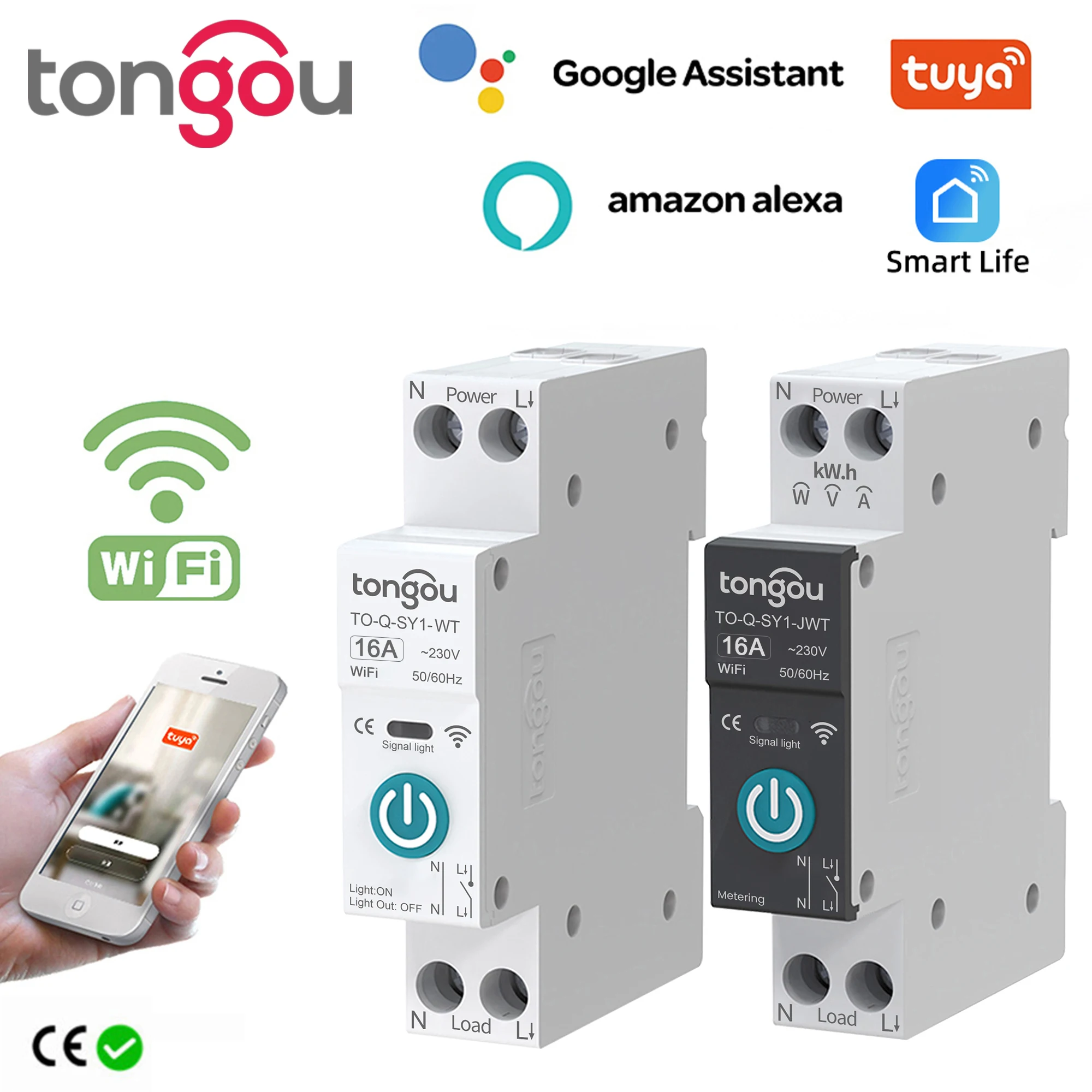TONGOU-disyuntor inteligente con WIFI, interruptor de Control remoto  inalámbrico con medición, 63A carril DIN 1P, para casa inteligente