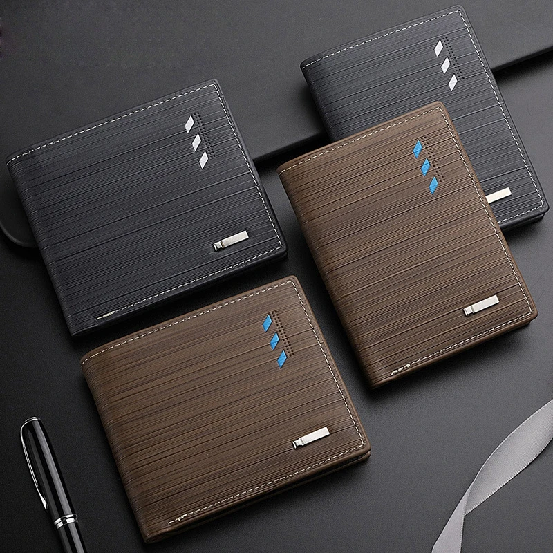 Business Men's Short Wallet Microfiber Synthetic Leather Short Wallets Men Stripe Male Purse Coin Pouch Multi-functional Cards 5