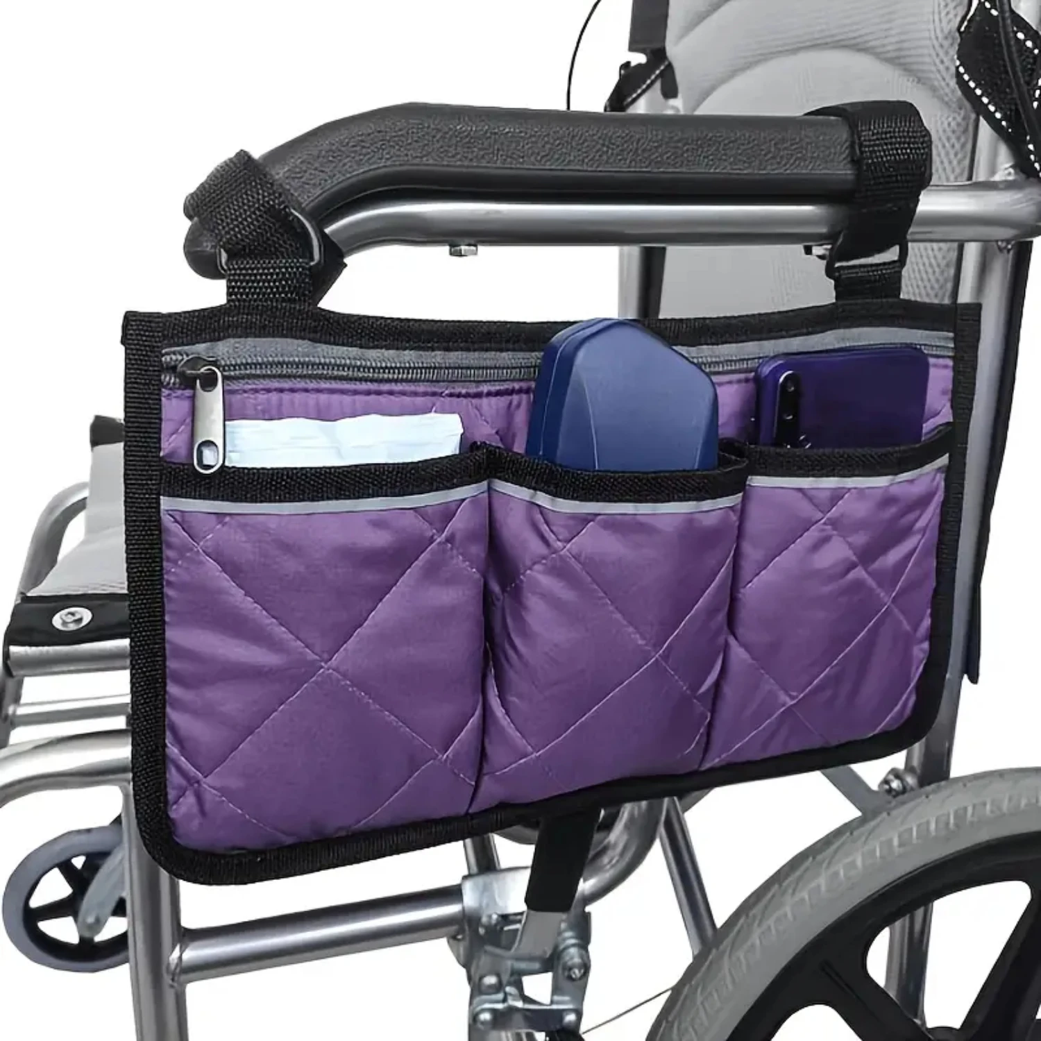 Convenient and Durable Armrest Organizer Bag for Wheelchair Travelers-Essential Storage Solution with Easy Access Pockets for
