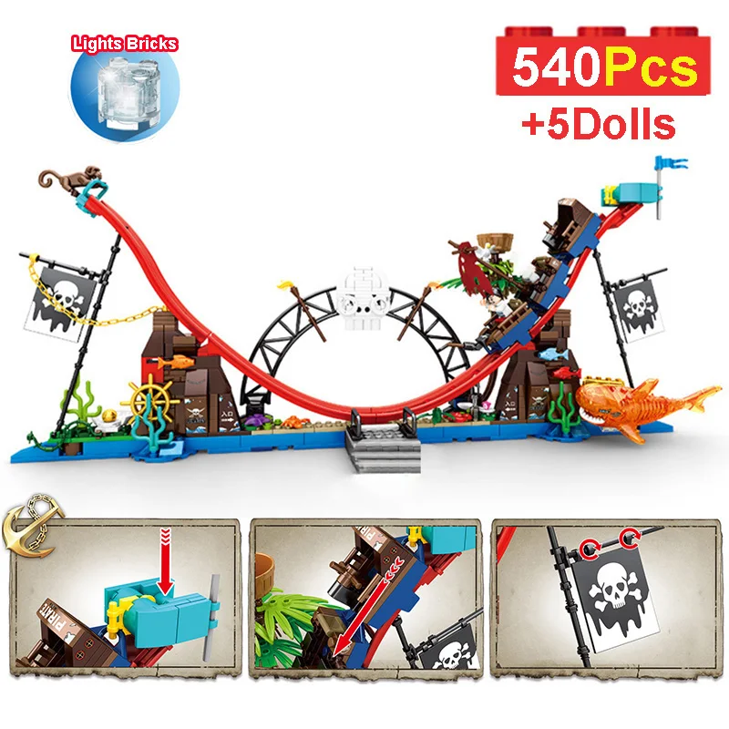 

540Pcs MOC Roller Coaster Pirate Model Building Blocks City Amusement Park With Figures Bricks DIY Toys For Kids Gift