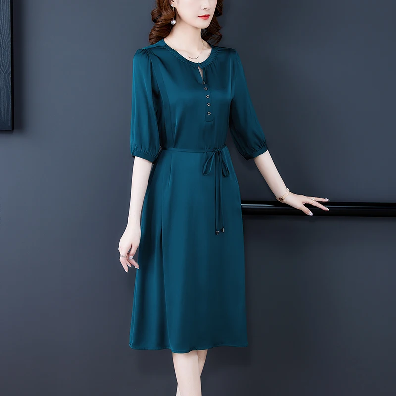

2023 New Fashion Solid Color Round Neck Dress Women's Summer High end 5/4 Sleeve Loose Fit Holiday Casual Dress Vestidos