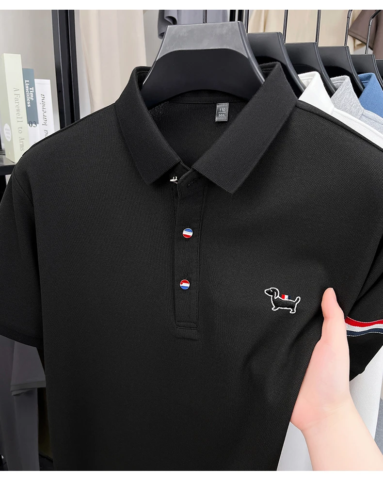 Fashion puppy embroidery men's short sleeve polo shirt luxury brand striped decoration summer breathable business casual T-shirt 21 S77d250dcbf89453e813814fc0c48869bF