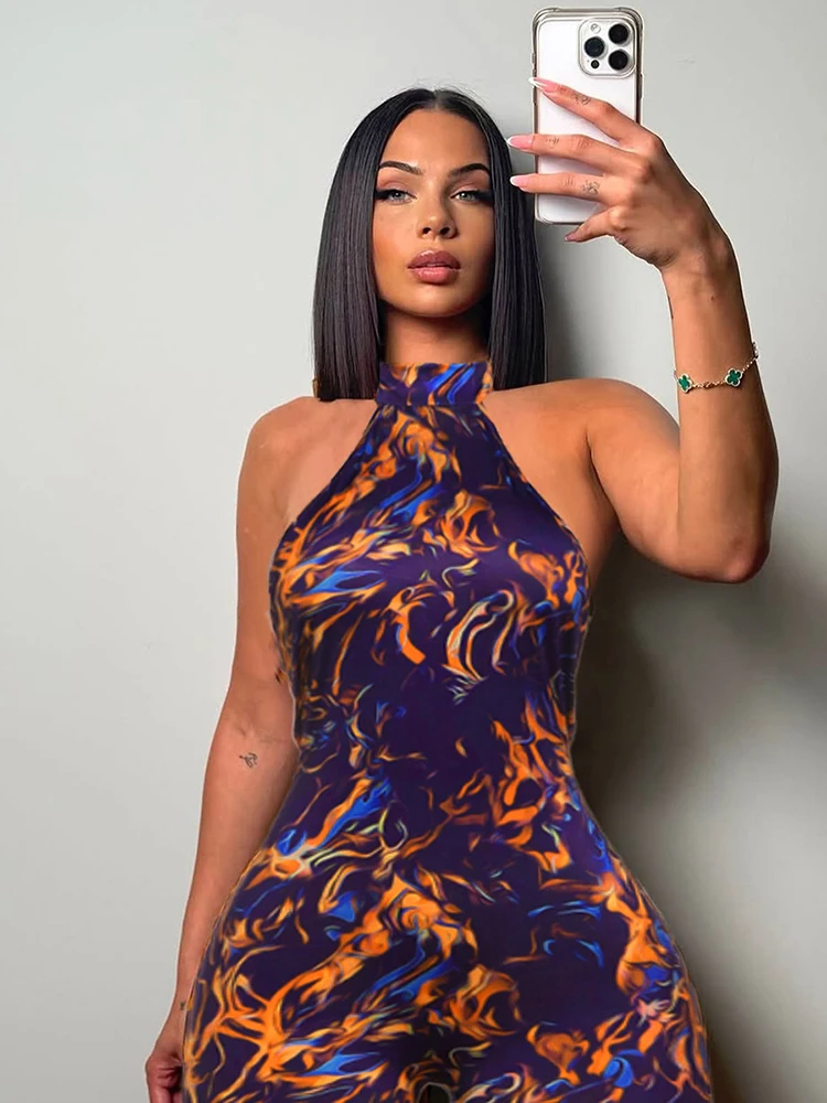 Nibber Summer Trend Backless Romper Women Halter Bandage Leopard Print Fit Tight Stretch Sexy Hipster Activity Workout Playsuits