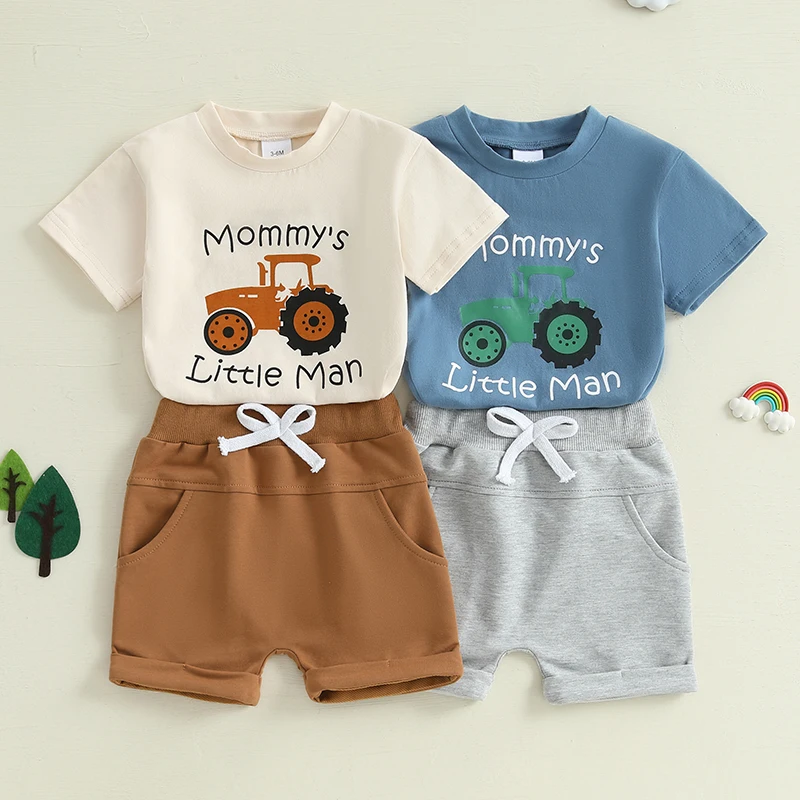 Toddler Boys Summer Shorts Set Tractor Letter Print Short Sleeve Round Neck Tops Elastic Waistband Shorts 3M-3T Pudcoco baby boy outfits,baby outfits,children tracksuit,boys shorts set