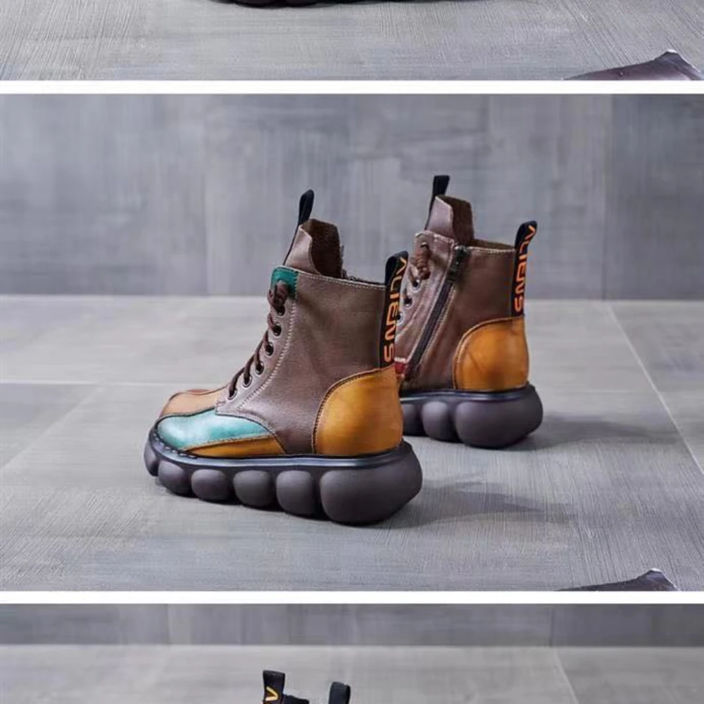 Women's Boots Fashion Chelsea Boot Vintage Short Leather Ankle Boots Autumn Winter New Leather Patchwork Platform Boots