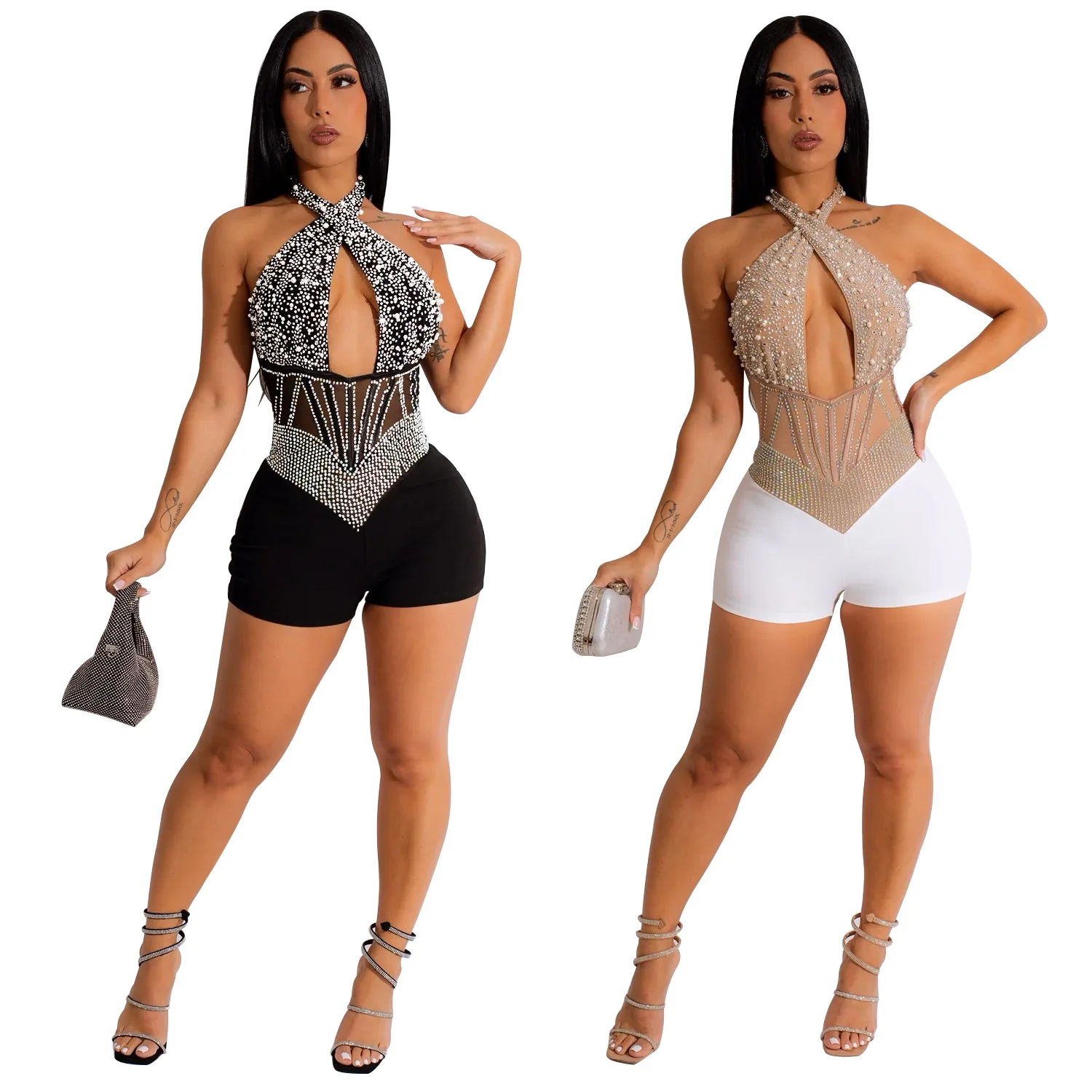 

Luxury Diamonds Women Bodysuit Nightclub Jumpsuit Sleeveless Halter Neck Backless Sexy Party Shorts Nightclub Rompers Summer