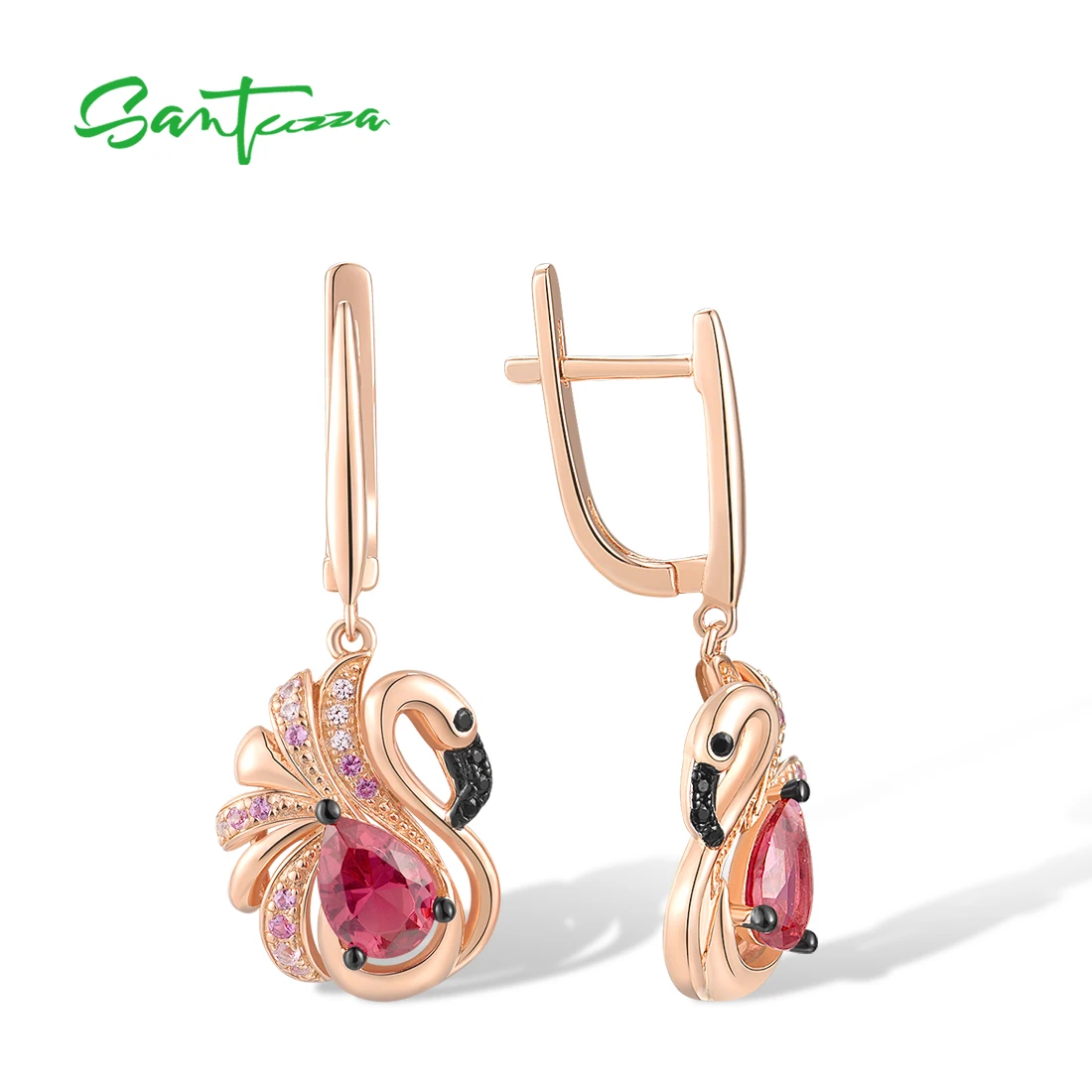 SANTUZZA Pure 925 Sterling Silver Earrings For Women Sparkling Created Sapphire Red Crystal Cute Pink Flamingo Fine Jewelry