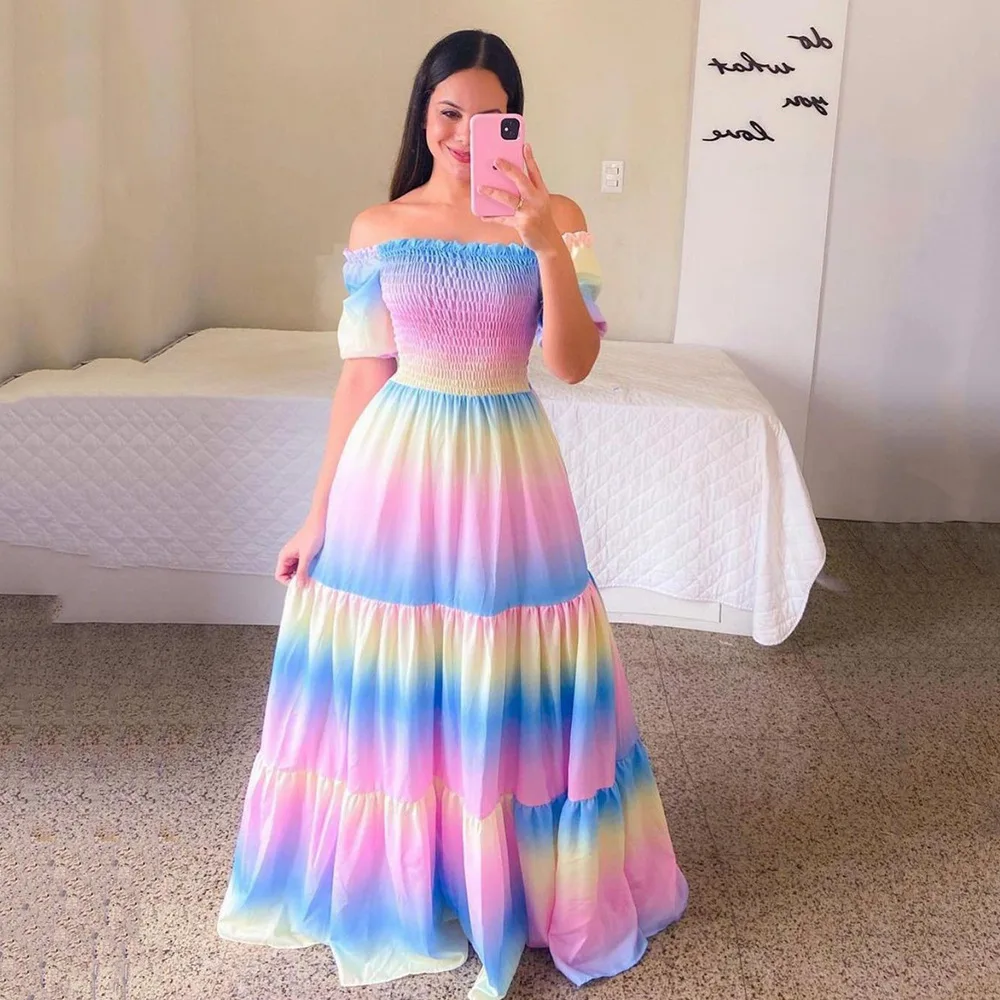 

Women Dress Fashion Floral Print Split Long Summer Dress Sexy Off The Shoulder Tube Top Dress Butterfly Rainbow Beach dress