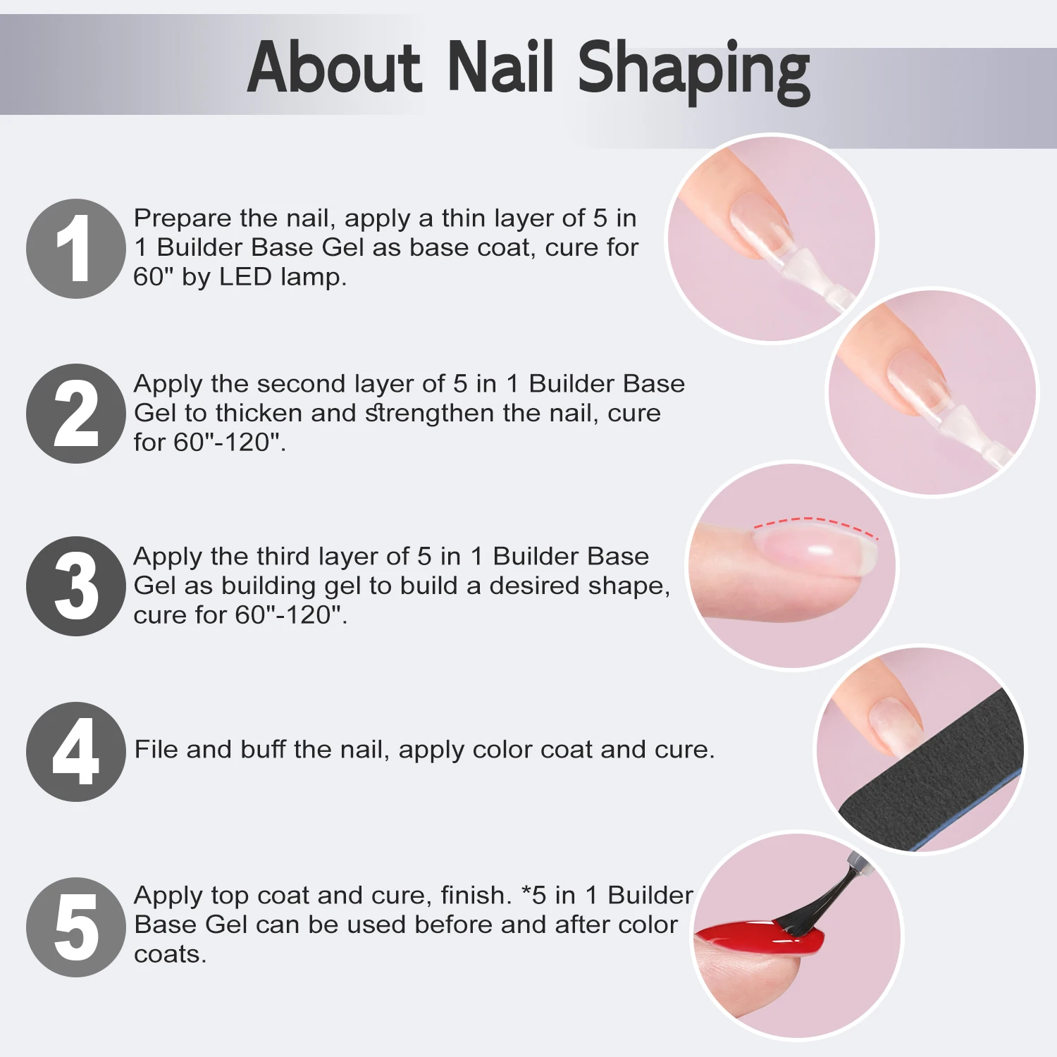 7ml 5 in 1 Builder Base Gel, Base/ Building/ Extension/ Rhinestone Soak Off Gel Polish for Beginner Salon Nail Art Manicure