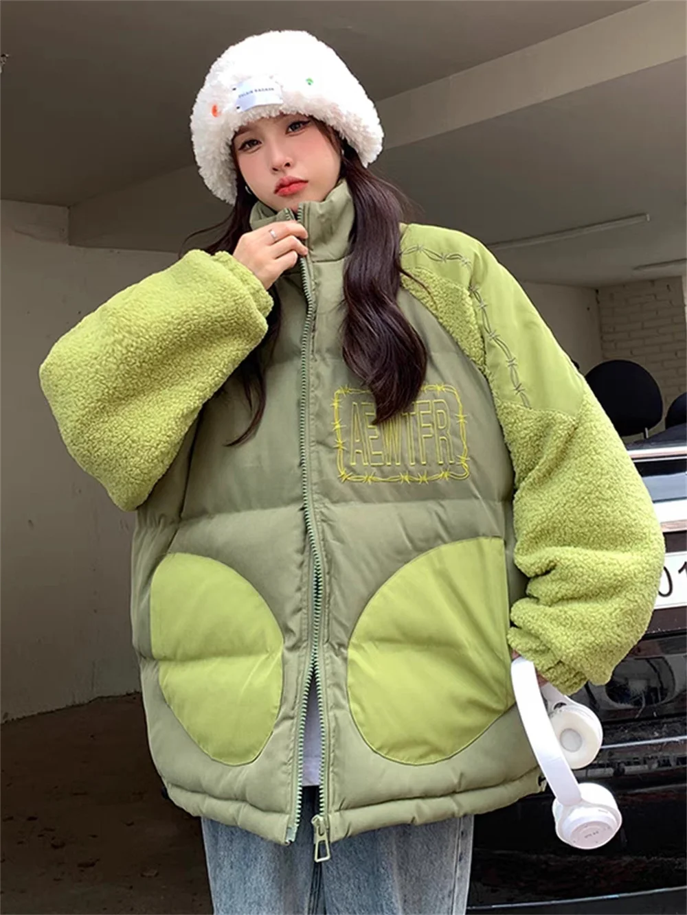 Зеленая хлопковая куртка для девочек, для осени и зимы, американская ретро куртка для студентов, свободная хлопковая куртка с зажимом, плотное пальто