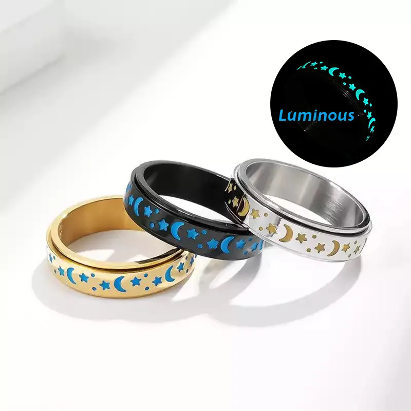 Anello Di Ansia Da Fidget In Acciaio Al Titanio 316L Con Stella Lunare Luminosa Di Moda Per Uomo Anello Girevole Impilabile In Metallo Lucido Alto