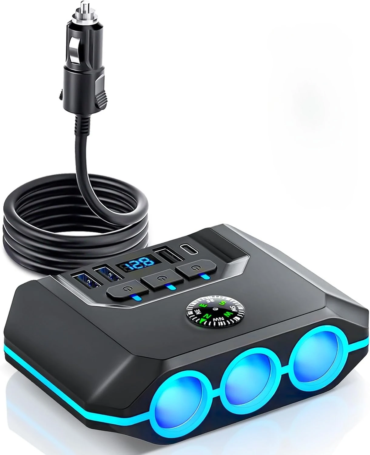 Divisor de isqueiro 7 em 1, adaptador de carregador de carro 120W 12V/24V, 3 soquetes e interruptores independentes, cabo de extensão de 3,3 pés