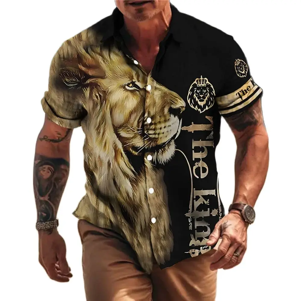 Summer Men's Hawaiian Shirt Hip Hop Style Animal Lion Graphic Turn Down  Streetwear Short Sleeve Beach Shirts Oversized Clothing