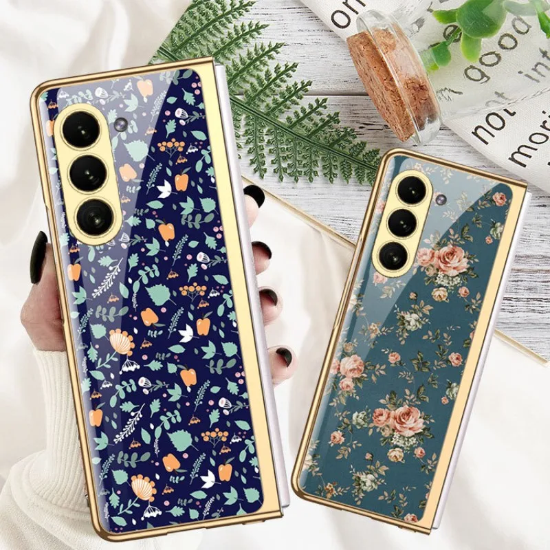 

Floral Pattern Tempered Glass Case for Samsung Galaxy Z Fold 5 Case Plating PC Frame Hard Slim Cover for Z Fold5 4 3 Capa