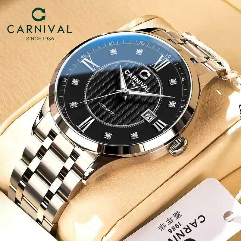 

CARNIVAL Men Stainless Steel Fashion Business Watch Luxury Brand Automatic Mechanical Watches Men Watch Luminous Waterproof 8098