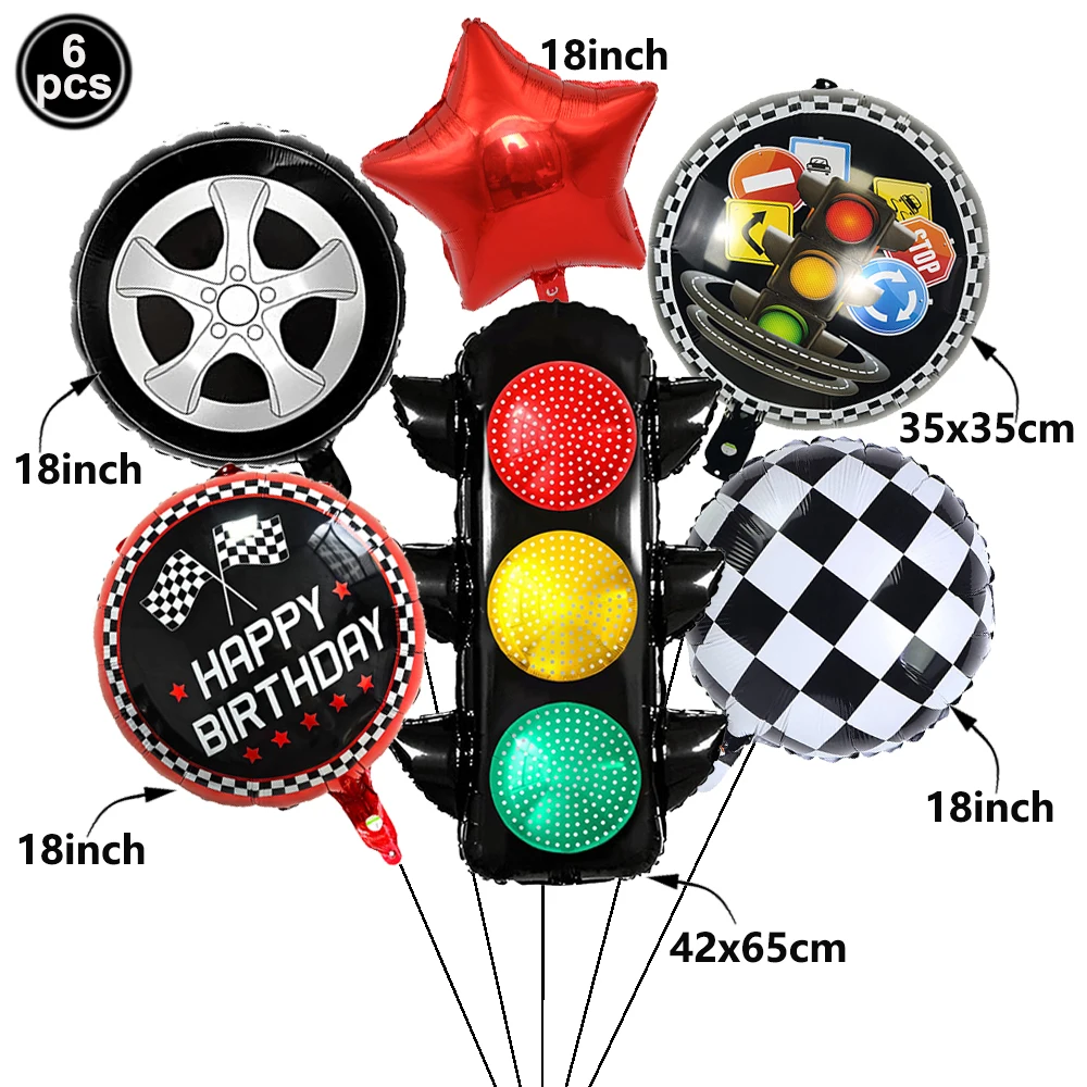 Race-Themed Birthday Party Decoration Set - Balloons, Traffic Cones, Checkered Flags, and Racing Wheel Foil Balloon