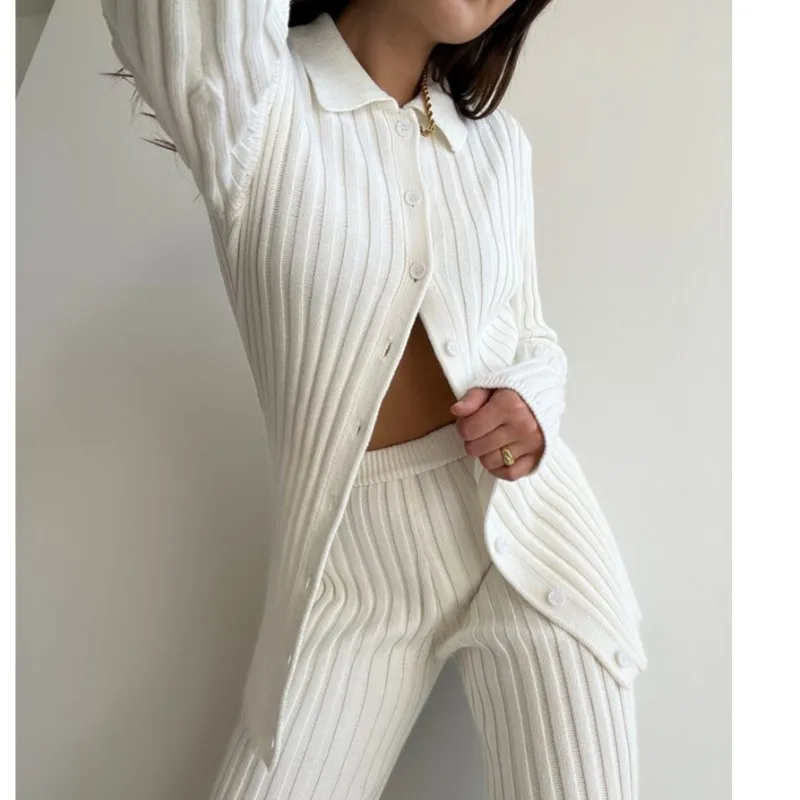 

Women Vintage Fashion Knitted 2Pcs Solid Long Sleeve Button Up Lapel Sweater Cardigan Elastic Waist Pants Set OL Casual Outfits