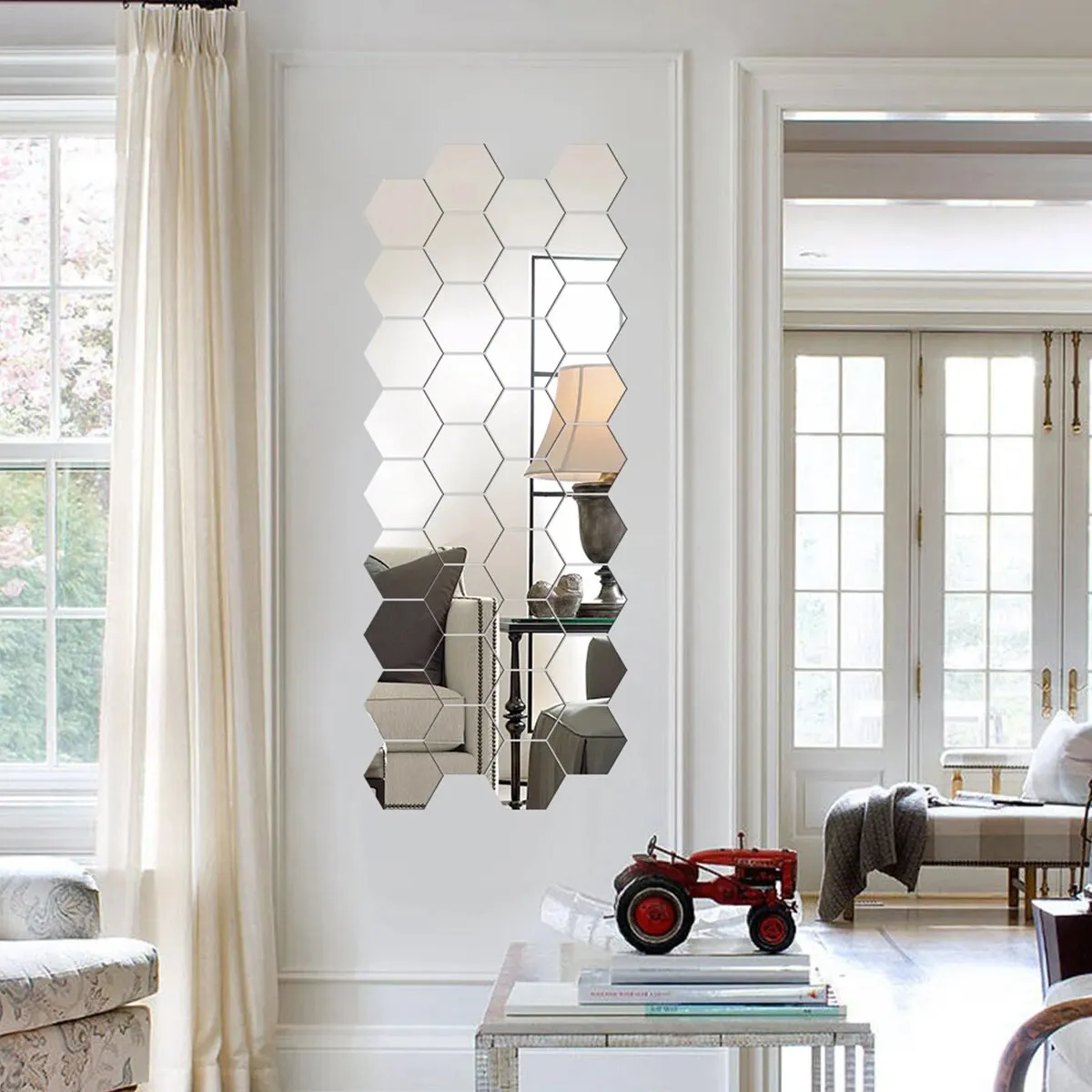 12PCS Geometric Solid Hexagonal Mirror Wall Stickers for Stylish Home Decoration.