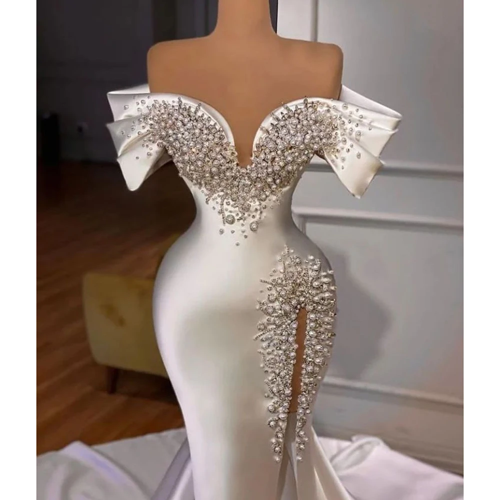 STEVDITG Elegant Women Wedding Dress Satin Fashion Sweetheart Pearls Beading Side Slit Court Train Mermaid Gown Bride Dress