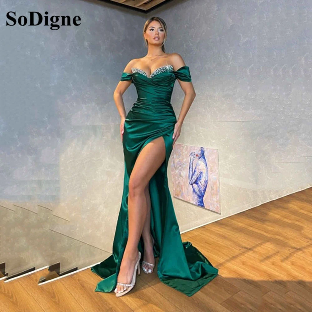 

SoDigne Green Mermaid Satin Prom Dresses Pleats Beads Off The Shoulder Side Split Women Formal Evening Gowns Robes De Soiree