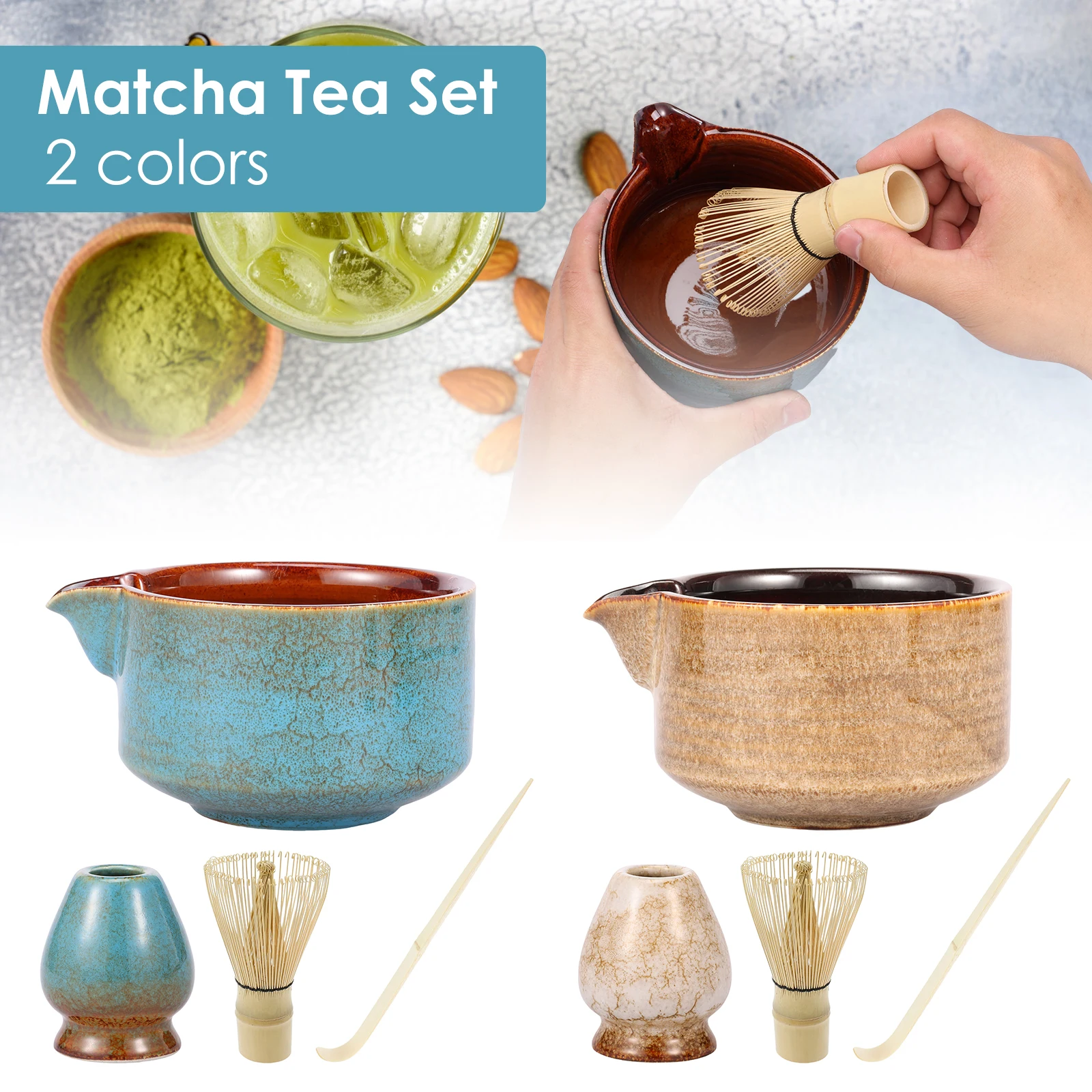 4 Pieces Japanese Matcha Teaset Kit with Ceramic Matcha Bowl Whisk Holder Bamboo Whisk Teaspoon Handmade Starter Tool Set