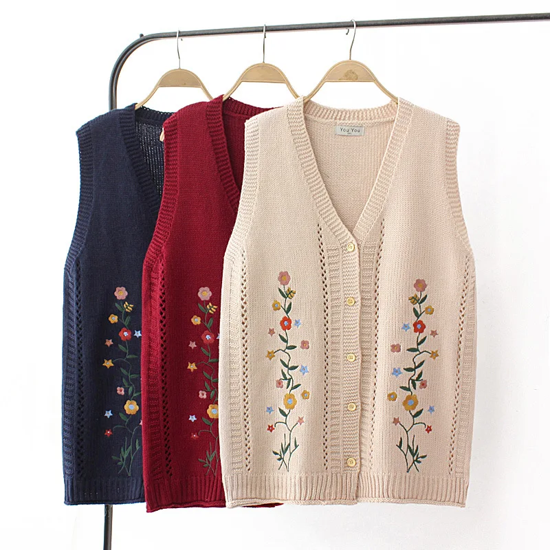 Little Fresh Embroidered Hollow Knit Sweater Vest Womens Plus Size Autumn Casual Clothing Fashion V-Neck Cardigan E2 3023