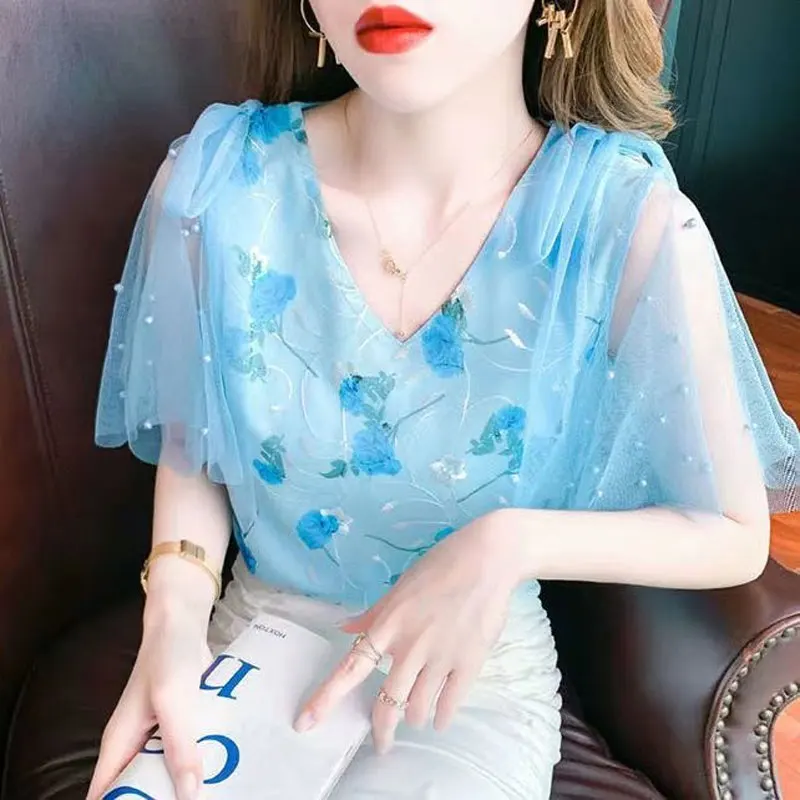 

Fairy Vintage Broken Flowers Blouse Elegant V-Neck Summer Stylish Gauze Spliced Beading Female Clothing Sweet Embroidery Shirt