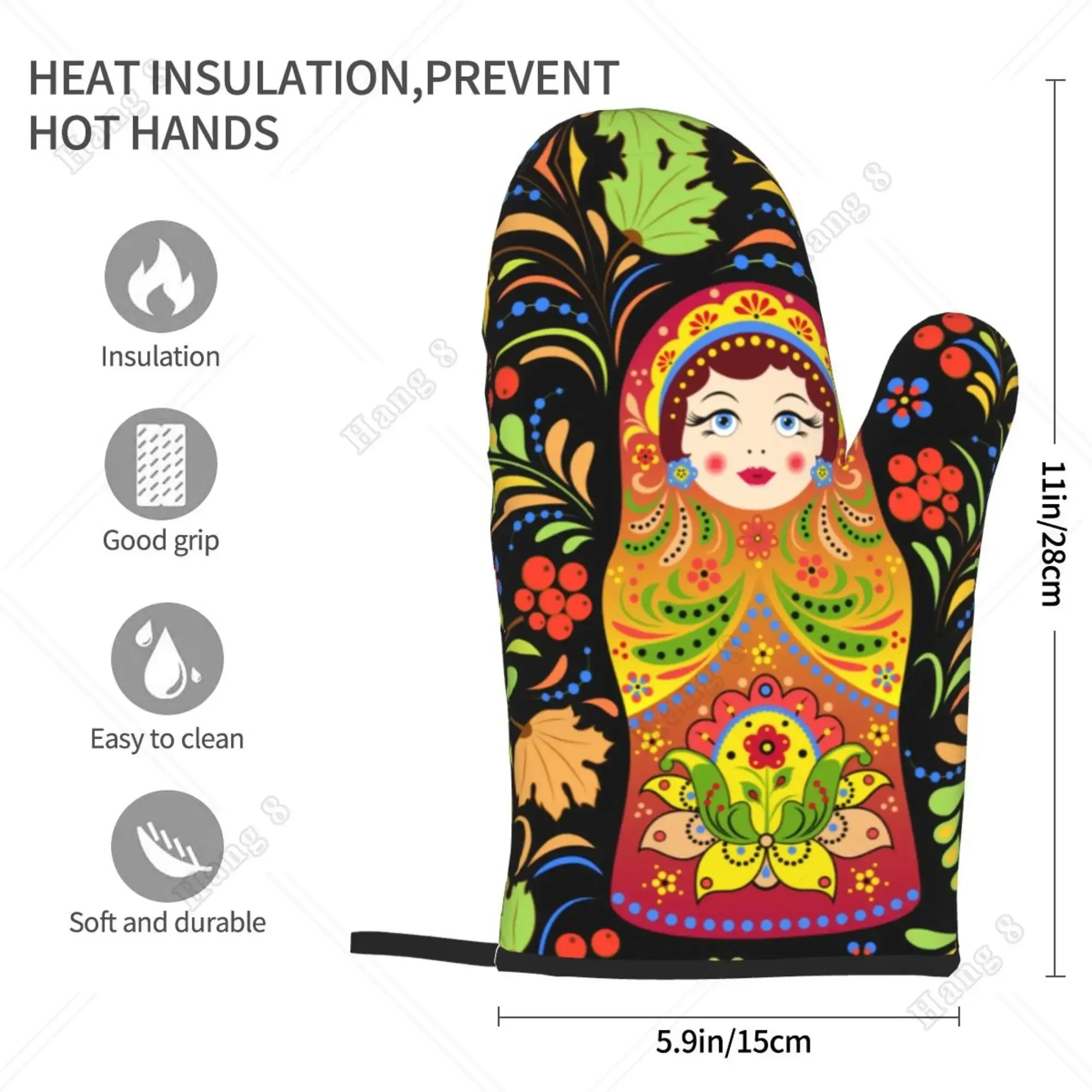 Fashion Print Russian Babushka Matryoshka Doll Set of 2 Kitchen Gloves Women Men Oven Gloves Heat Resistant for BBQ Cooking kitchen gloves