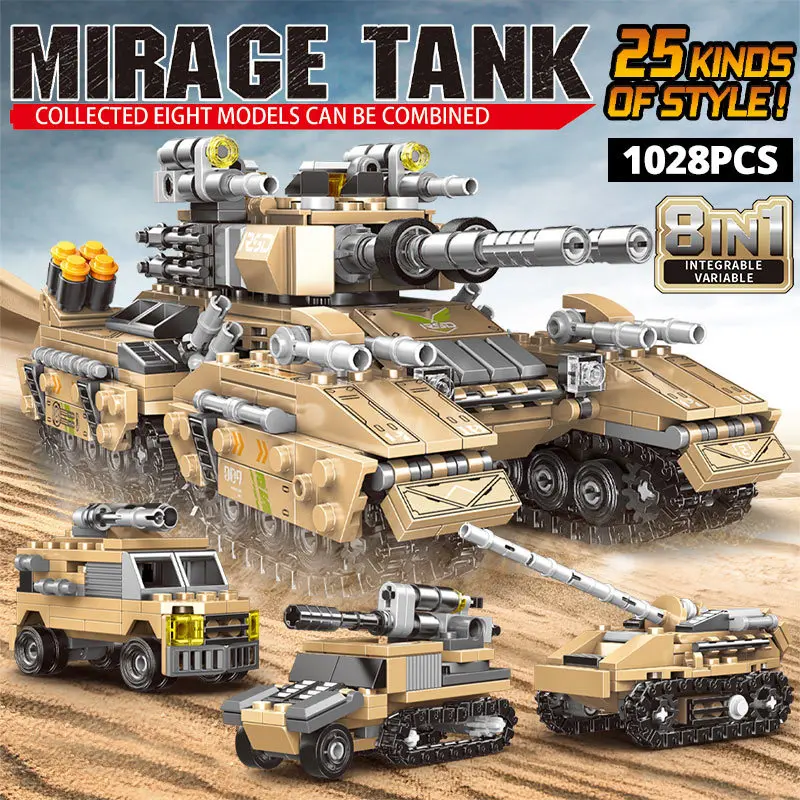 

1028 шт., Детский конструктор: Военный танк MOC «сделай сам»