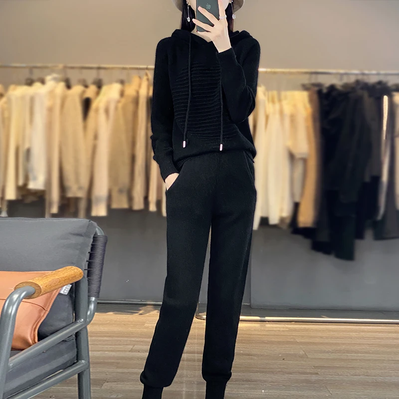 Autumn/Winter New Women's Suit 100% Merino Wool Hooded Pullover Tops Casual Sweatpants Small Leg Pants Knitted Two-Piece Set 4