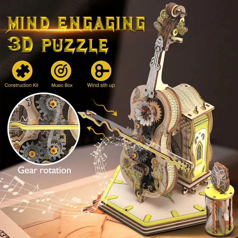 

3D Wooden Puzzle Magic Cello Music Box with Moveable Stem DIY Wood Craft Mechanical Building Kits Creative Gift for Men Women